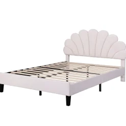 Lit Double 140x200 cm - Lit Capitonné enfant/Adulte avec Tête de Lit et Sommier à Lattes, Velours, Beige, Sans Matelas><noscript><img width=