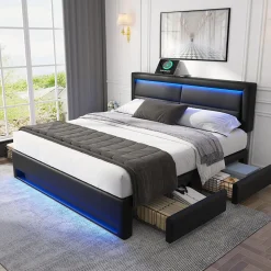 Okwish Lit Double 140x190 cm - Lit Capitonné PU avec Rangement et Ports USB - Éclairage LED Intégré - Noir - Sans Matelas* Lit Double