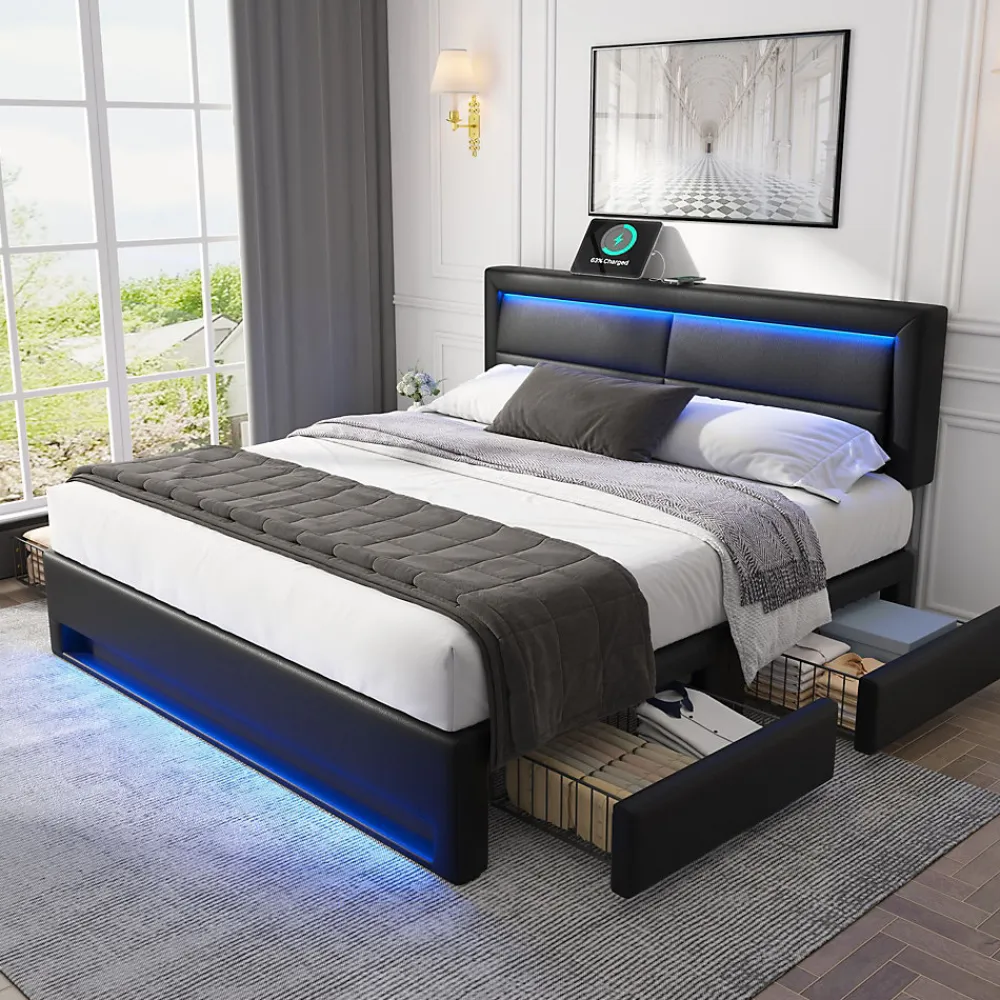 Okwish Lit Double 140x190 cm - Lit Capitonné PU avec Rangement et Ports USB - Éclairage LED Intégré - Noir - Sans Matelas* Lit Double