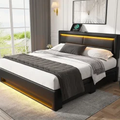 Okwish Lit Double 140x190 cm - Lit Capitonné PU avec Rangement et Ports USB - Éclairage LED Intégré - Noir - Sans Matelas* Lit Double