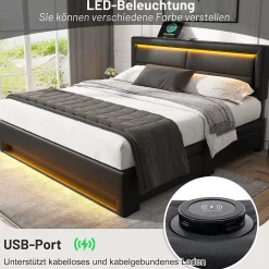 Okwish Lit Double 140x190 cm - Lit Capitonné PU avec Rangement et Ports USB - Éclairage LED Intégré - Noir - Sans Matelas* Lit Double