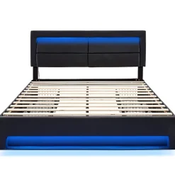Okwish Lit Double 140x190 cm - Lit Capitonné PU avec Rangement et Ports USB - Éclairage LED Intégré - Noir - Sans Matelas* Lit Double