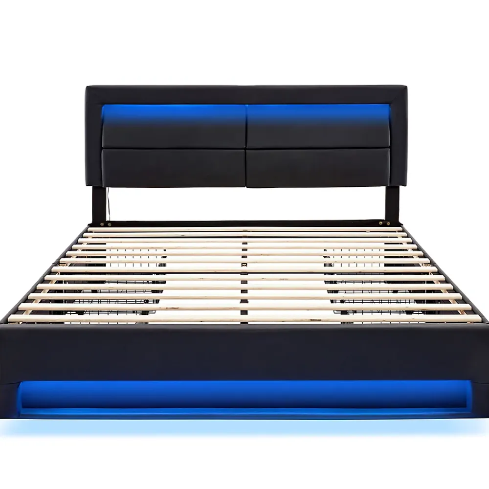 Okwish Lit Double 140x190 cm - Lit Capitonné PU avec Rangement et Ports USB - Éclairage LED Intégré - Noir - Sans Matelas* Lit Double