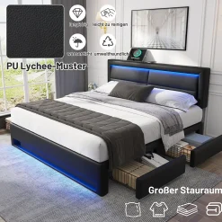 Okwish Lit Double 140x190 cm - Lit Capitonné PU avec Rangement et Ports USB - Éclairage LED Intégré - Noir - Sans Matelas* Lit Double