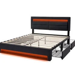 Okwish Lit Double 140x190 cm - Lit Capitonné PU avec Rangement et Ports USB - Éclairage LED Intégré - Noir - Sans Matelas* Lit Double