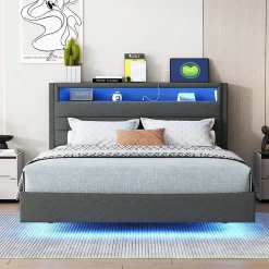 Lit Double 140x200 cm - Lit capitonné Adulte pour Ado avec LED Intégrée et Port USB, Tête de Lit Réversible Lin Gris>Okwish Sale
