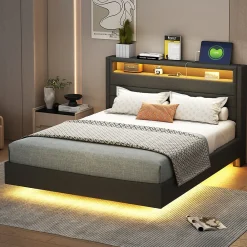 Lit Double 140x200 cm - Lit capitonné Adulte pour Ado avec LED Intégrée et Port USB, Tête de Lit Réversible Lin Gris><noscript><img width=