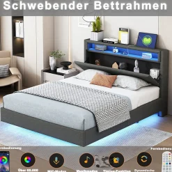 Lit Double 140x200 cm - Lit capitonné Adulte pour Ado avec LED Intégrée et Port USB, Tête de Lit Réversible Lin Gris><noscript><img width=