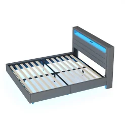 Lit Double 140x200 cm - Lit capitonné Adulte pour Ado avec LED Intégrée et Port USB, Tête de Lit Réversible Lin Gris><noscript><img width=