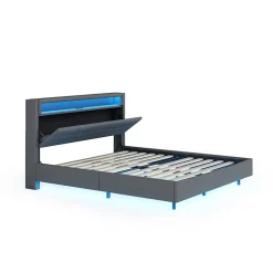 Lit Double 140x200 cm - Lit capitonné Adulte pour Ado avec LED Intégrée et Port USB, Tête de Lit Réversible Lin Gris><noscript><img width=