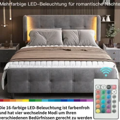 Lit Double 140x200 cm - Lit Capitonné avec Bandes LED 16 s - Sans Matelas - Velours Gris>Okwish Sale
