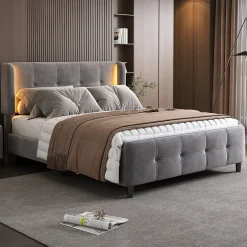 Lit Double 140x200 cm - Lit Capitonné avec Bandes LED 16 s - Sans Matelas - Velours Gris><noscript><img width=