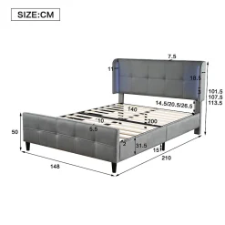 Lit Double 140x200 cm - Lit Capitonné avec Bandes LED 16 s - Sans Matelas - Velours Gris><noscript><img width=