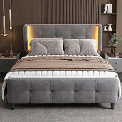 Lit Double 140x200 cm - Lit Capitonné avec Bandes LED 16 s - Sans Matelas - Velours Gris><noscript><img width=