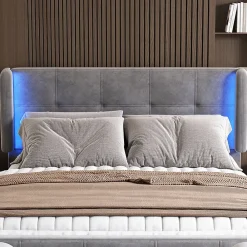 Lit Double 140x200 cm - Lit Capitonné avec Bandes LED 16 s - Sans Matelas - Velours Gris><noscript><img width=