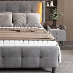 Lit Double 140x200 cm - Lit Capitonné avec Bandes LED 16 s - Sans Matelas - Velours Gris><noscript><img width=