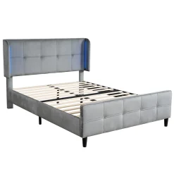 Lit Double 140x200 cm - Lit Capitonné avec Bandes LED 16 s - Sans Matelas - Velours Gris><noscript><img width=
