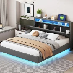 Lit Double 160x200 cm - Lit capitonné Adulte pour Ado avec LED Intégrée et Port USB, Tête de Lit Réversible Lin Gris>Okwish Clearance