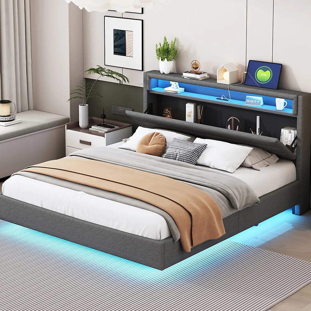 Lit Double 160x200 cm - Lit capitonné Adulte pour Ado avec LED Intégrée et Port USB, Tête de Lit Réversible Lin Gris>Okwish Clearance