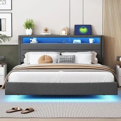 Lit Double 160x200 cm - Lit capitonné Adulte pour Ado avec LED Intégrée et Port USB, Tête de Lit Réversible Lin Gris>Okwish Clearance