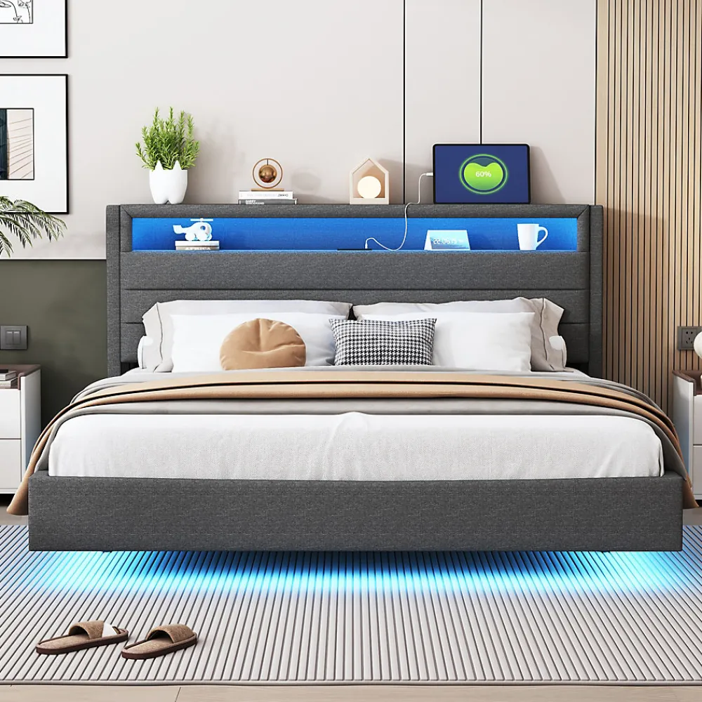Lit Double 160x200 cm - Lit capitonné Adulte pour Ado avec LED Intégrée et Port USB, Tête de Lit Réversible Lin Gris>Okwish Clearance