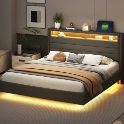 Lit Double 160x200 cm - Lit capitonné Adulte pour Ado avec LED Intégrée et Port USB, Tête de Lit Réversible Lin Gris><noscript><img width=