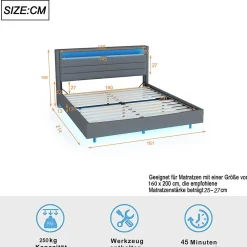 Lit Double 160x200 cm - Lit capitonné Adulte pour Ado avec LED Intégrée et Port USB, Tête de Lit Réversible Lin Gris><noscript><img width=