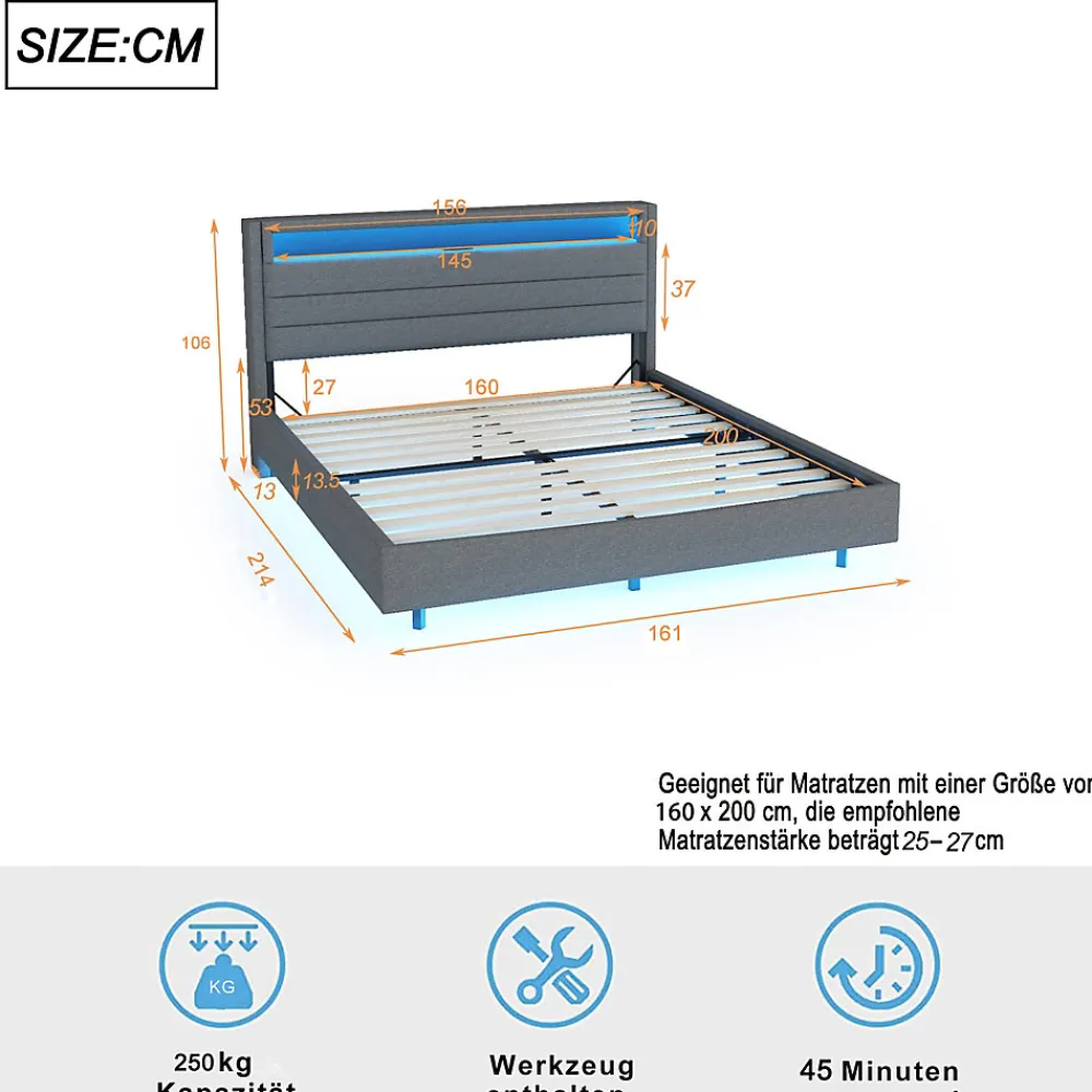Lit Double 160x200 cm - Lit capitonné Adulte pour Ado avec LED Intégrée et Port USB, Tête de Lit Réversible Lin Gris>Okwish Clearance