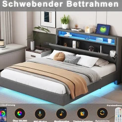 Lit Double 160x200 cm - Lit capitonné Adulte pour Ado avec LED Intégrée et Port USB, Tête de Lit Réversible Lin Gris><noscript><img width=