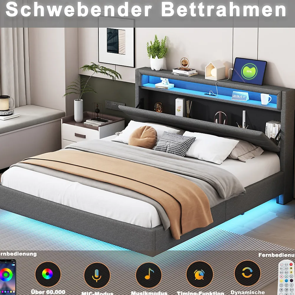 Lit Double 160x200 cm - Lit capitonné Adulte pour Ado avec LED Intégrée et Port USB, Tête de Lit Réversible Lin Gris>Okwish Clearance