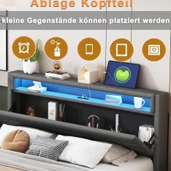 Lit Double 160x200 cm - Lit capitonné Adulte pour Ado avec LED Intégrée et Port USB, Tête de Lit Réversible Lin Gris><noscript><img width=
