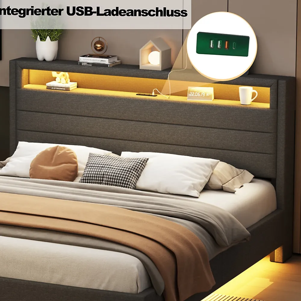 Lit Double 160x200 cm - Lit capitonné Adulte pour Ado avec LED Intégrée et Port USB, Tête de Lit Réversible Lin Gris>Okwish Clearance