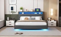 Lit Double 160x200 cm - Lit capitonné Adulte pour Ado avec LED Intégrée et Port USB, Tête de Lit Réversible Lin Gris><noscript><img width=