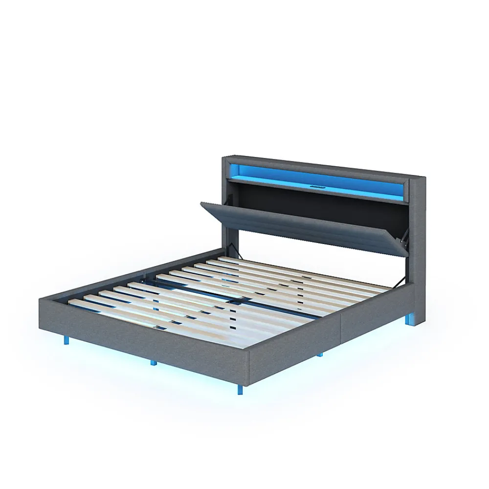 Lit Double 160x200 cm - Lit capitonné Adulte pour Ado avec LED Intégrée et Port USB, Tête de Lit Réversible Lin Gris>Okwish Clearance