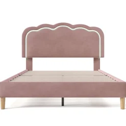 Okwish Lit double 140x200 cm - Lit capitonné avec tête de lit LED réglable - Sans Matelas - Velours - Rose* Lit Double