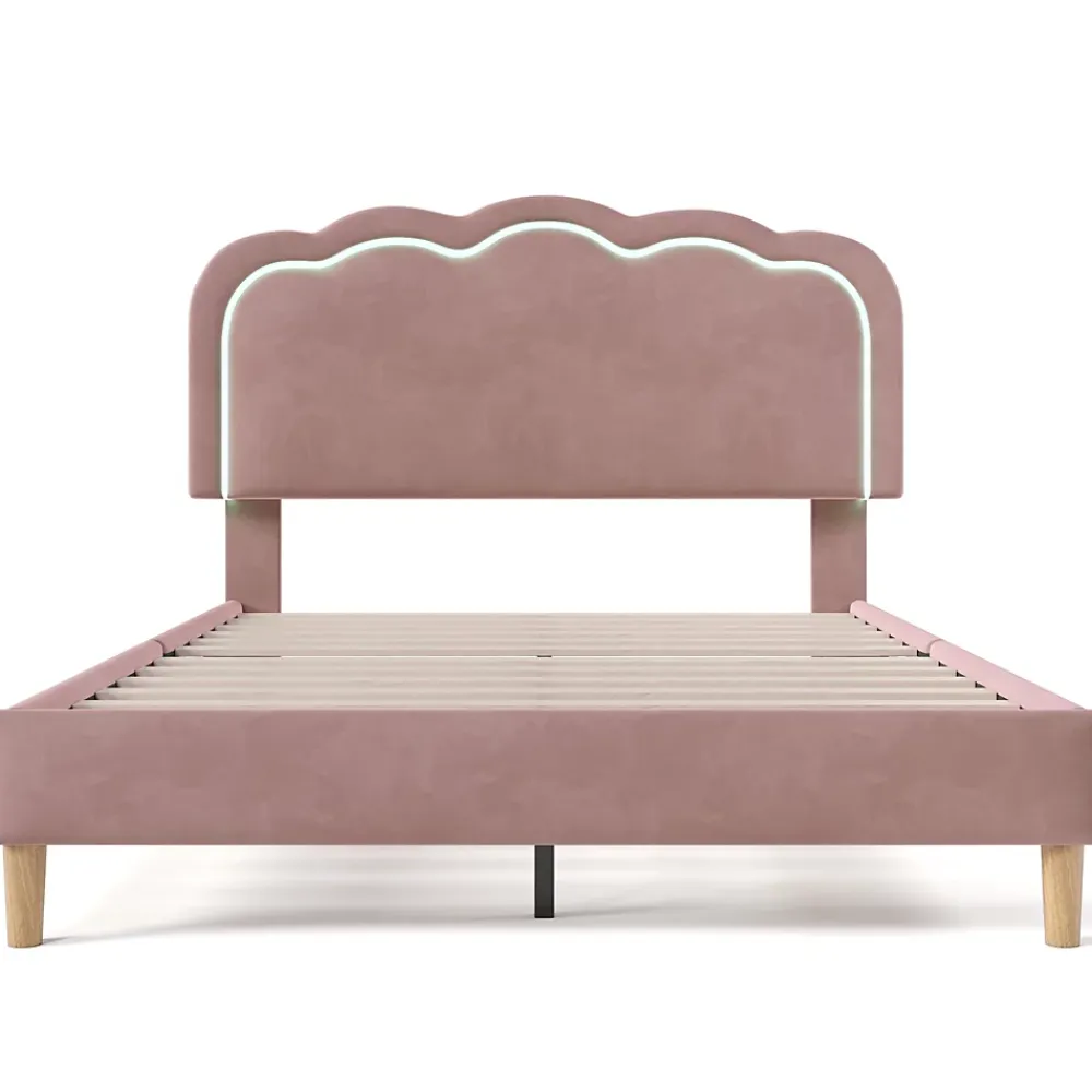 Okwish Lit double 140x200 cm - Lit capitonné avec tête de lit LED réglable - Sans Matelas - Velours - Rose* Lit Double