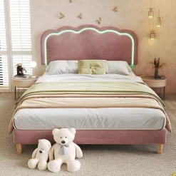 Okwish Lit double 140x200 cm - Lit capitonné avec tête de lit LED réglable - Sans Matelas - Velours - Rose* Lit Double