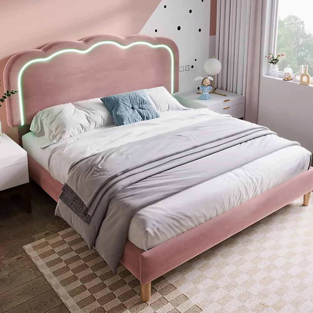 Okwish Lit double 140x200 cm - Lit capitonné avec tête de lit LED réglable - Sans Matelas - Velours - Rose* Lit Double