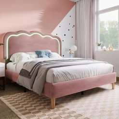 Okwish Lit double 140x200 cm - Lit capitonné avec tête de lit LED réglable - Sans Matelas - Velours - Rose* Lit Double
