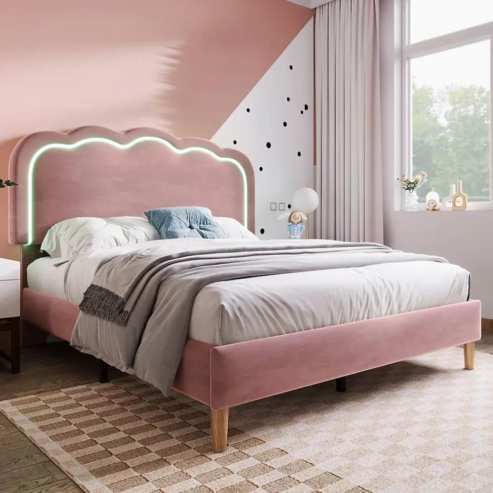 Okwish Lit double 140x200 cm - Lit capitonné avec tête de lit LED réglable - Sans Matelas - Velours - Rose* Lit Double