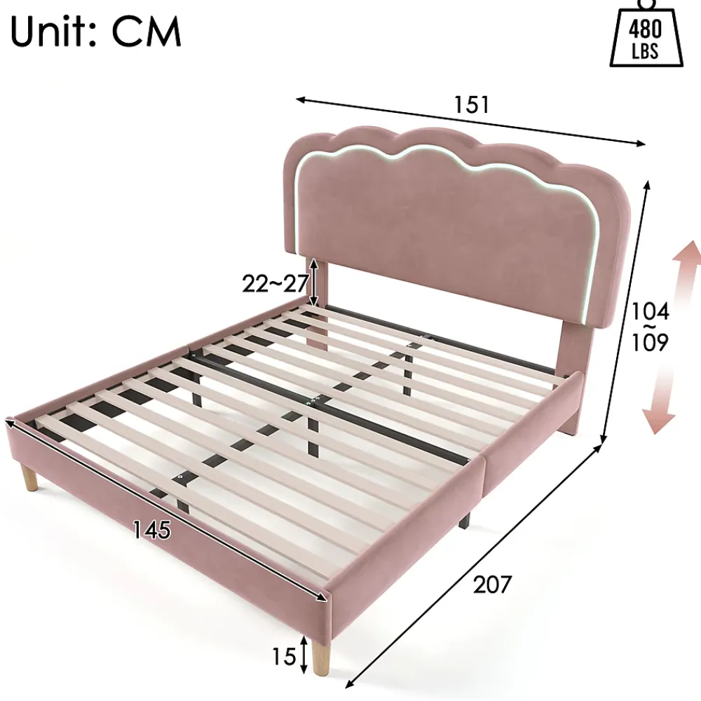 Okwish Lit double 140x200 cm - Lit capitonné avec tête de lit LED réglable - Sans Matelas - Velours - Rose* Lit Double