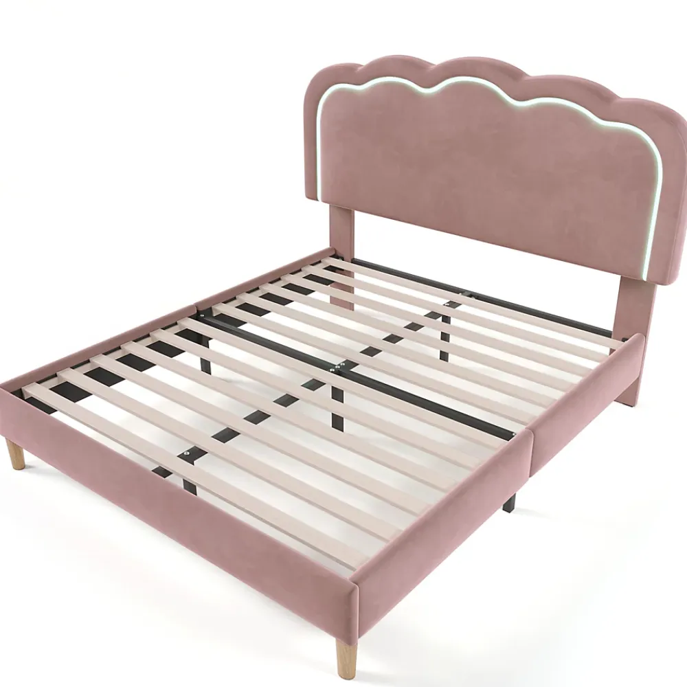 Okwish Lit double 140x200 cm - Lit capitonné avec tête de lit LED réglable - Sans Matelas - Velours - Rose* Lit Double