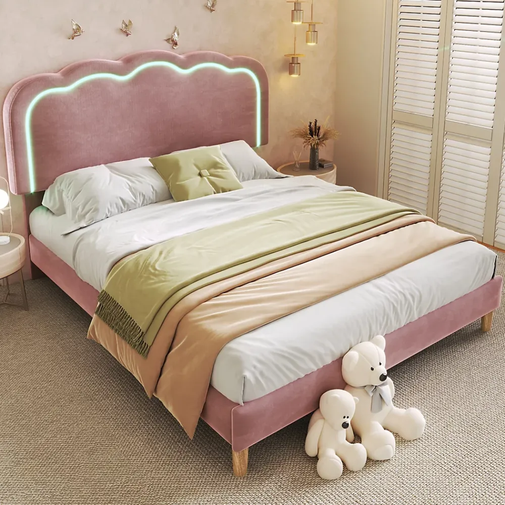 Okwish Lit double 140x200 cm - Lit capitonné avec tête de lit LED réglable - Sans Matelas - Velours - Rose* Lit Double