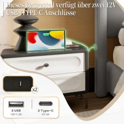 Lit double 140x190 cm - Lit capitonné moderne avec tête et pied de lit hauts, port USB intégré - Sans matelas - Gris foncé><noscript><img width=