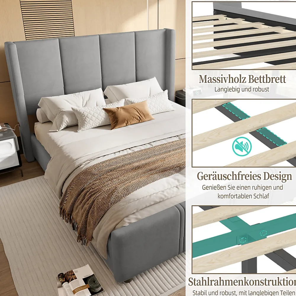 Lit double 140x190 cm - Lit capitonné moderne avec tête et pied de lit hauts, port USB intégré - Sans matelas - Gris foncé>Okwish Best