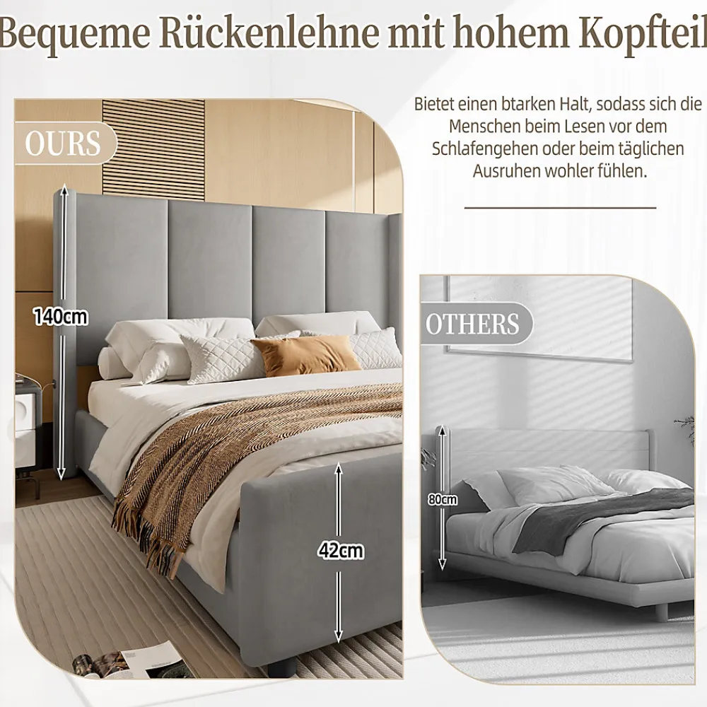 Lit double 140x190 cm - Lit capitonné moderne avec tête et pied de lit hauts, port USB intégré - Sans matelas - Gris foncé>Okwish Best