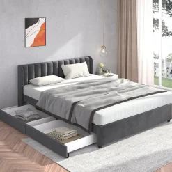 Lit Double 180x200 cm - Lit Capitonné en Velours Gris avec 2 Tiroirs de Rangement, Sommier à Lattes Inclus, Style Moderne>Okwish Hot