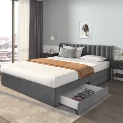 Lit Double 180x200 cm - Lit Capitonné en Velours Gris avec 2 Tiroirs de Rangement, Sommier à Lattes Inclus, Style Moderne>Okwish Hot