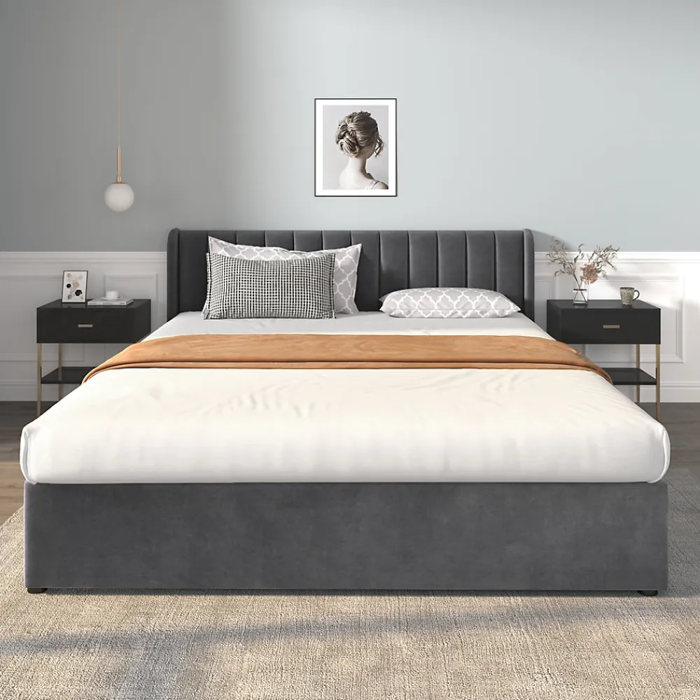 Lit Double 180x200 cm - Lit Capitonné en Velours Gris avec 2 Tiroirs de Rangement, Sommier à Lattes Inclus, Style Moderne>Okwish Hot