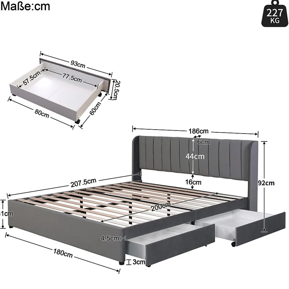 Lit Double 180x200 cm - Lit Capitonné en Velours Gris avec 2 Tiroirs de Rangement, Sommier à Lattes Inclus, Style Moderne>Okwish Hot